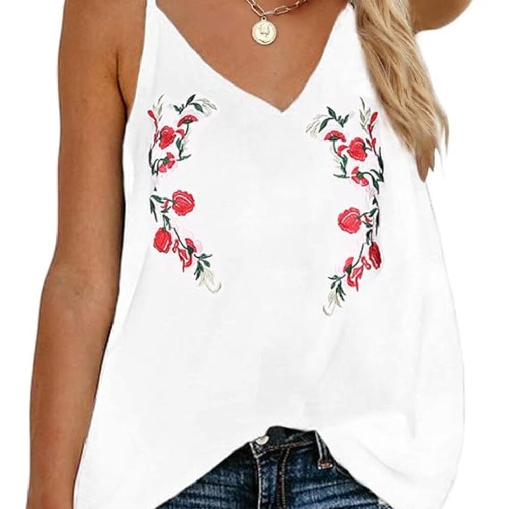Women’s Boho Floral Embroidered V-Neck Spaghetti Strap Tank Top Size Large